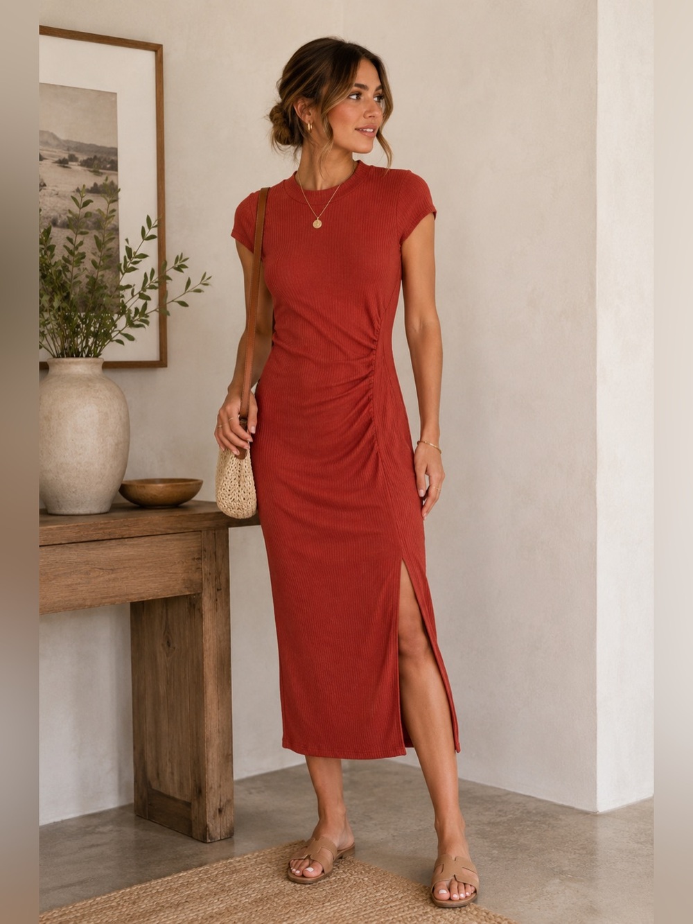 Boutique Ribbed Ruched Midi Dress | Rust Red | Side Slit | Size Medium